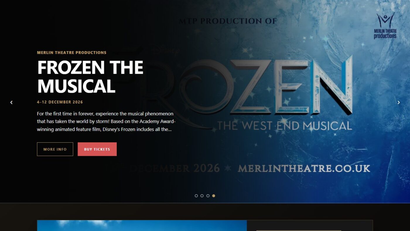 Merlin Theatre website homepage screenshot.