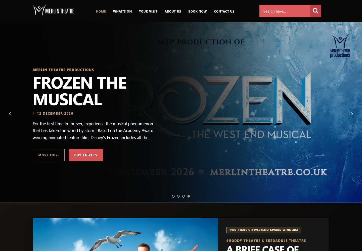 Merlin Theatre website homepage screenshot.