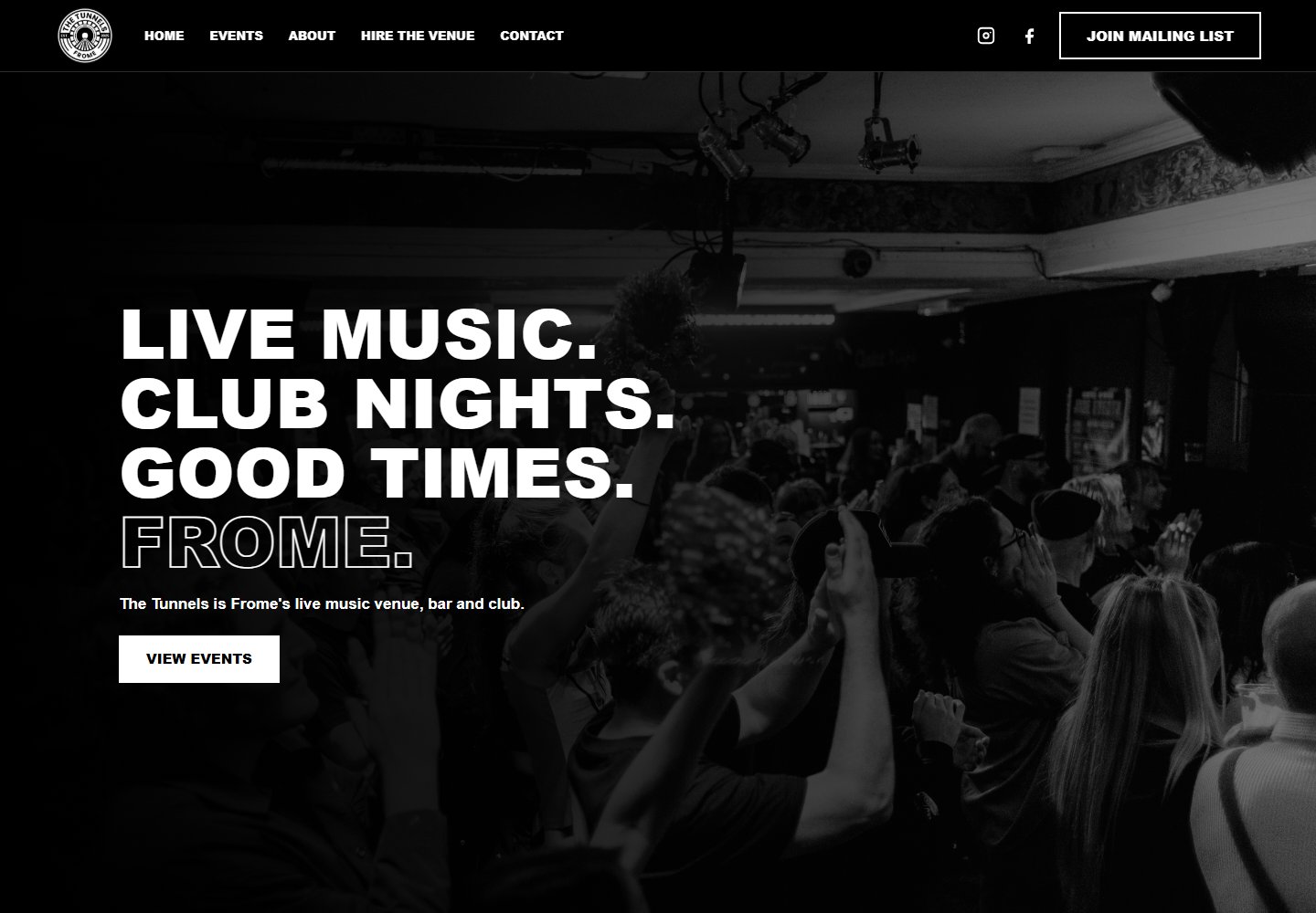 The Tunnels, Frome website homepage screenshot.